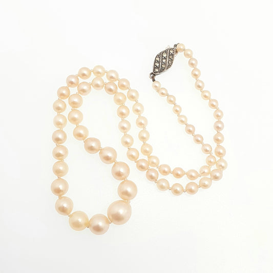 Antique Art Deco Cultured Pearl Necklace Solid Silver Marcasite Choker 39cm 15.4" 12.25g Real Genuine Pearls Vintage 1920s Jewelry Jewellery