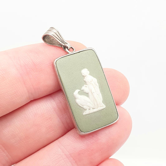 Vintage Sterling Silver Genuine Green Wedgwood Necklace Pendant Large Rectangular Jasperware Hallmarked Mens Womens Jewelry Jewellery
