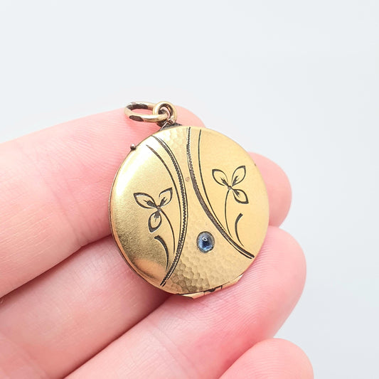 Antique Rolled Gold Locket Sapphire Paste Leaf Engraved Necklace Pendant Filled Round Circle Yellow Edwardian Vintage Jewellery Jewelry