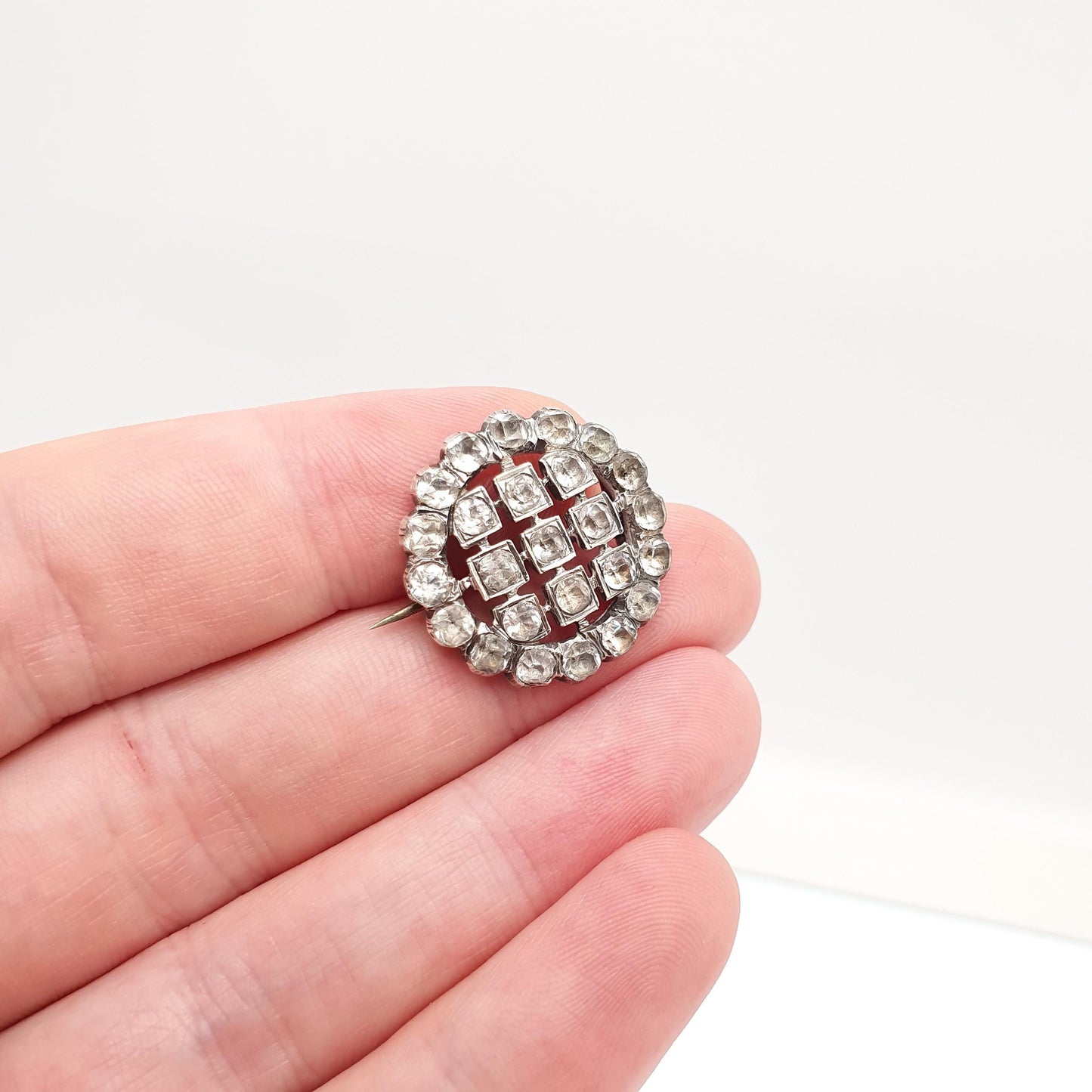 Antique Georgian Paste Solid Silver Brooch Pin Grid Square Pattern Old Cut Shape Foiled Diamond Pastes Solid Backed Vintage Womens Jewelry