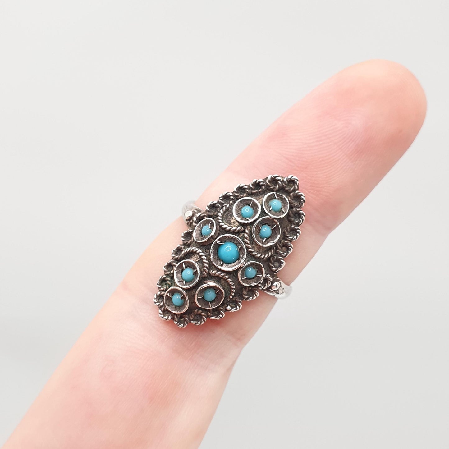 Antique Solid Silver Turquoise Paste Ring Art Deco Filigree Navette Boat Blue Glass Vintage Fine Rare 1920s Ladies Womens Jewellery Jewelry