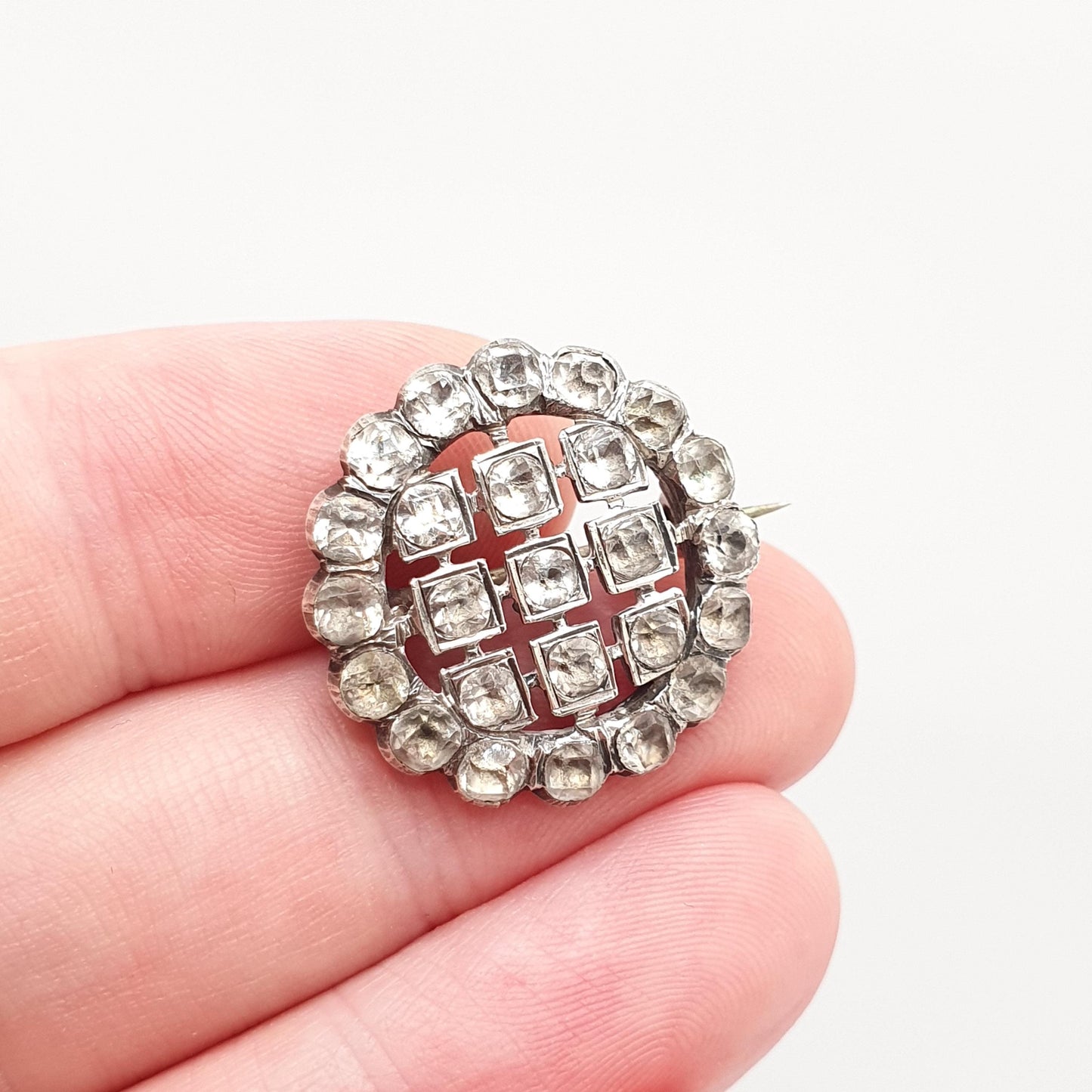 Antique Georgian Paste Solid Silver Brooch Pin Grid Square Pattern Old Cut Shape Foiled Diamond Pastes Solid Backed Vintage Womens Jewelry