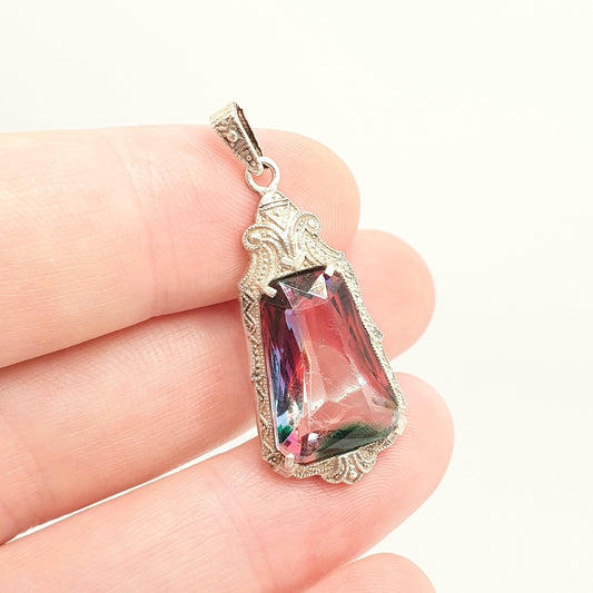 Antique Solid Silver Iris Rainbow Glass Necklace Tutti Frutti Pendant Genuine Art Deco 1920s Vintage Multi Coloured Paste Jewelry Jewelry