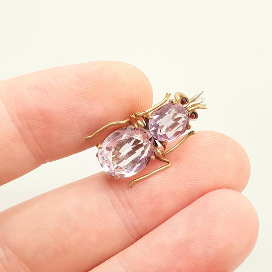 Antique Solid Silver Amethyst Bug Brooch Natural Gemstone Gold Gilt Victorian Insect Oval Cut Quartz Pin Vintage 1800s Jewelry Jewellery
