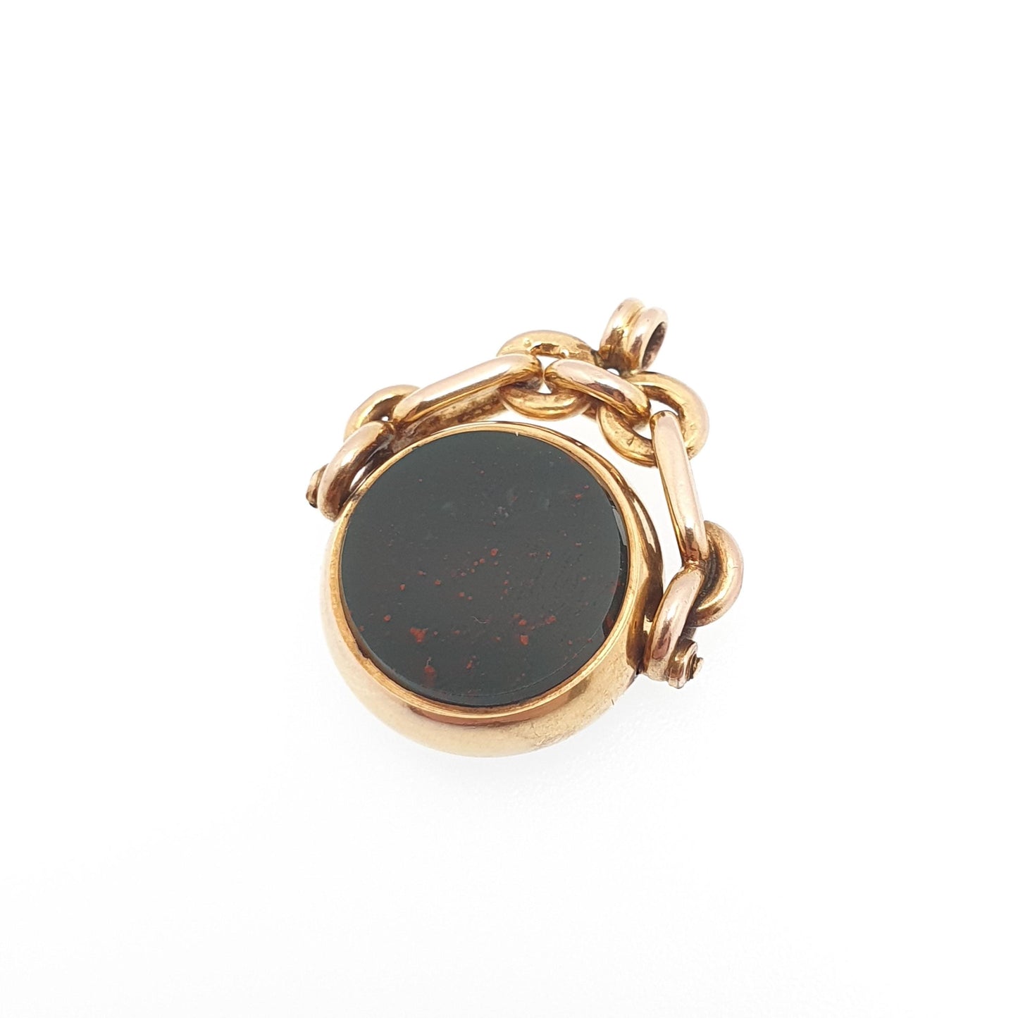 Antique 9ct Gold Cased Bloodstone Spinner Fob Pendant Victorian Cable Link Carnelian Necklace Albert Vintage Womens Jewellery Jewelry