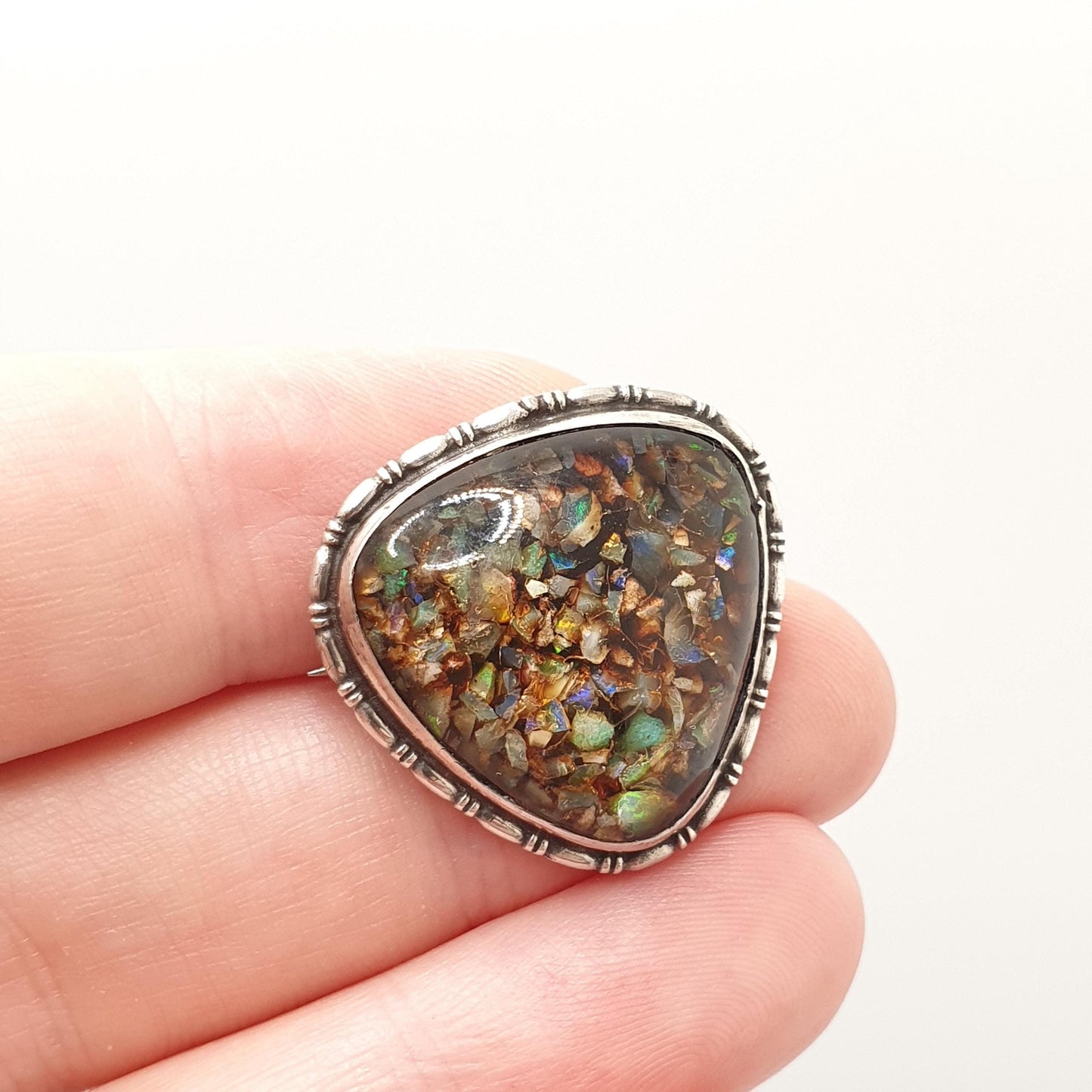 Antique Solid Silver Opal Glass Mosaic Brooch Iridescent Foil Micromosaic Opaline Art Deco 1920s Vintage Gift Cute Womens Jewelry Jewellery