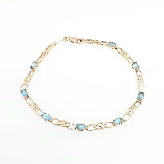 Vintage 9k 9ct Gold Aquamarine Topaz Bracelet Celtic Knot 18.5cm 7.25" 4.04g Hallmarked Solid Gemstone Swiss Blue Womens Jewellery Jewelry