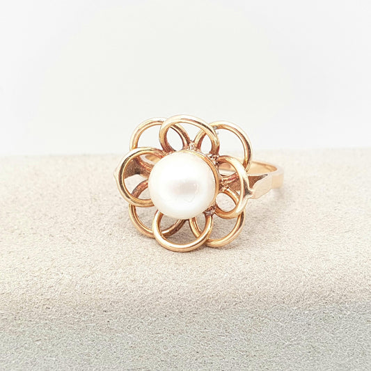 Old Vintage 18ct Gold Pearl Ring Flower Style Setting Solid 18k 750 Genuine Real Solitaire Large Pearl Cream Lustre Womens Jewellery Jewelry