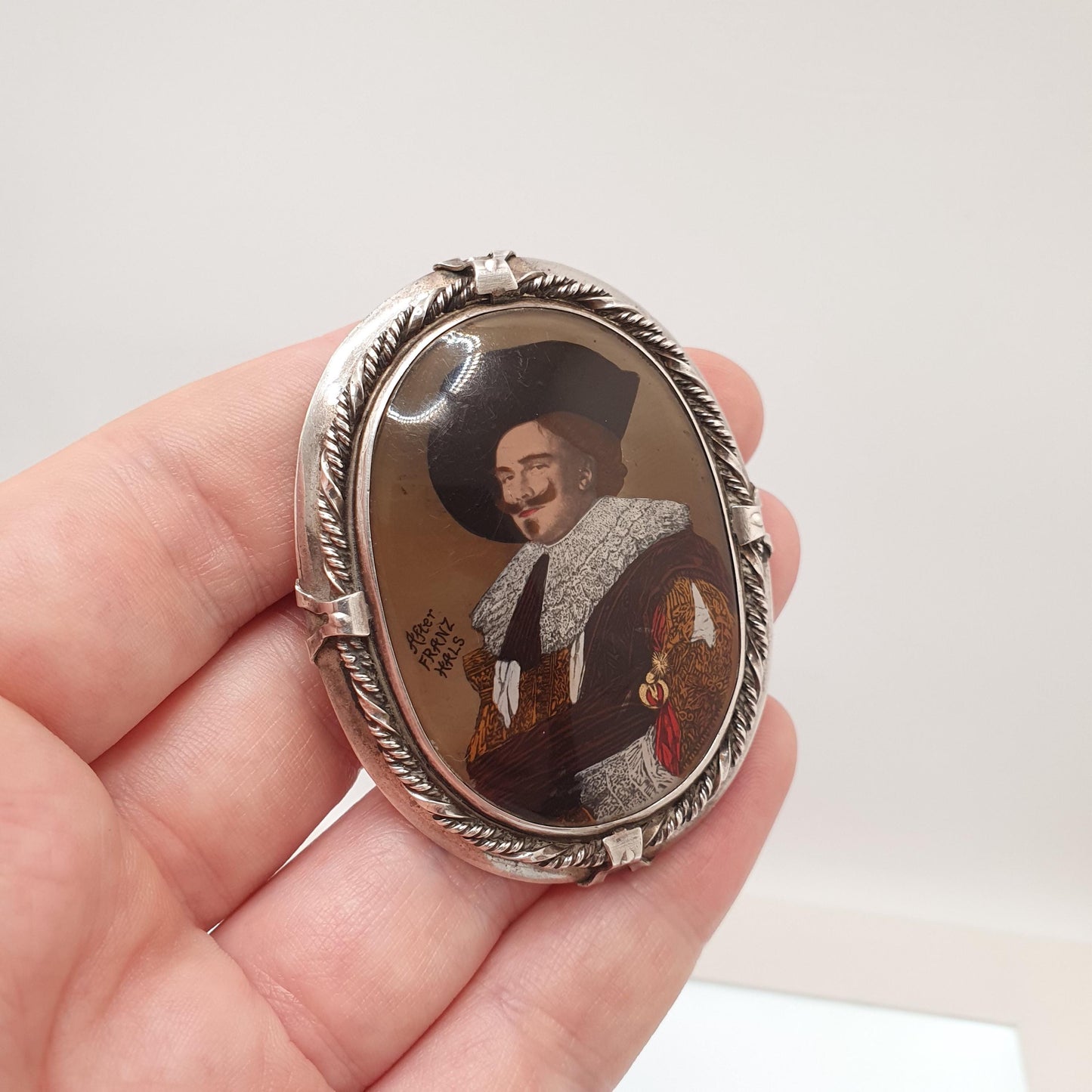 Antique Sterling Silver Laughing Cavalier Brooch Art Deco Big Large Portrait After Franz Hals Painted Vintage Thomas Mott TLM Womens Ladies