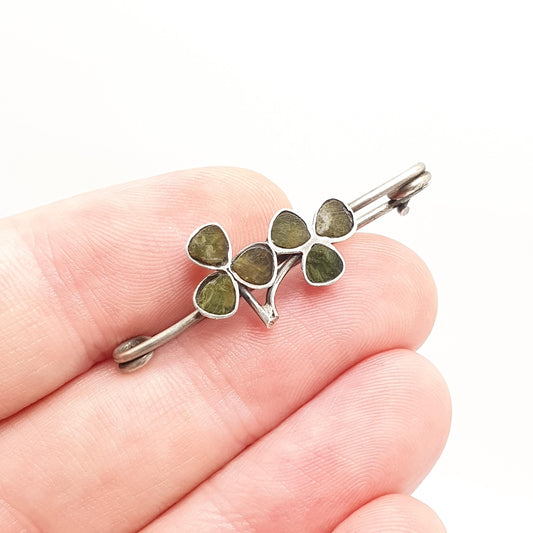 Antique Victorian Solid Silver Clover Brooch Connemara Marble Double Safety Pin Irish Genuine Lucky 1800s Gift Vintage Jewellery Jewelry