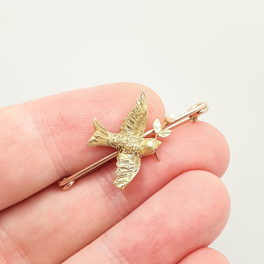 Antique 15ct Gold Swallow Bird Brooch Pearl Dove and Olive Branch Sweetheart Victorian Cute Detailed Solid 9ct 9k Womens Jewelry Jewellery