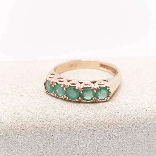 Vintage 9k Gold Emerald Ring 5 Stone Round Cut Solid 9ct 375 Estate Fine Retro Genuine Gemstone Green Gift Real Jewelry Jewellery Womens
