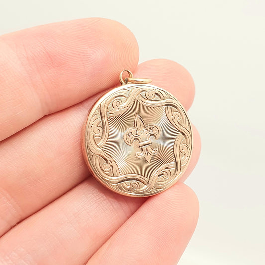 Antique 9ct Rose Gold Locket Fleur de Lis Victorian Solid 9k 375 Engraved Cute Pendant Gift Back & Front Necklace Jewelry Womens Jewellery