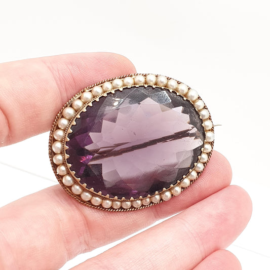 Antique Victorian Amethyst Paste Brooch Pin Simulated Seed Pearl Huge Big Large Gold Gilt Vintage 1800s Rare Womens Jewelry Jewellery