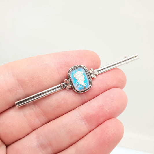 Antique Butterfly Wing Brooch Sterling Silver Cameo Bar Pin Art Deco Flower Morpho Blue Vintage Womens Jewelry Handmade 1920s Jewellery