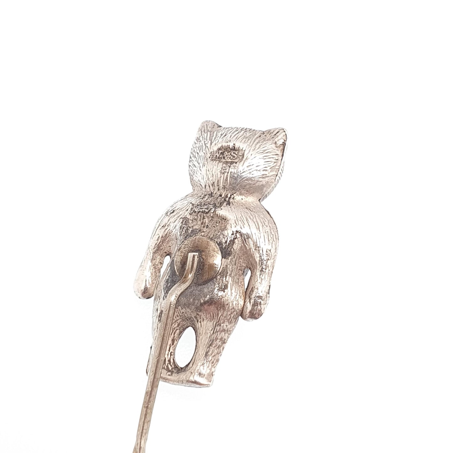 Antique Solid Silver Teddy Bear Stick Pin Sapphire Paste Eyes Cute Cuddly Toy Lapel Jacket Large Big Rare Vintage Womens Jewelry Jewellery