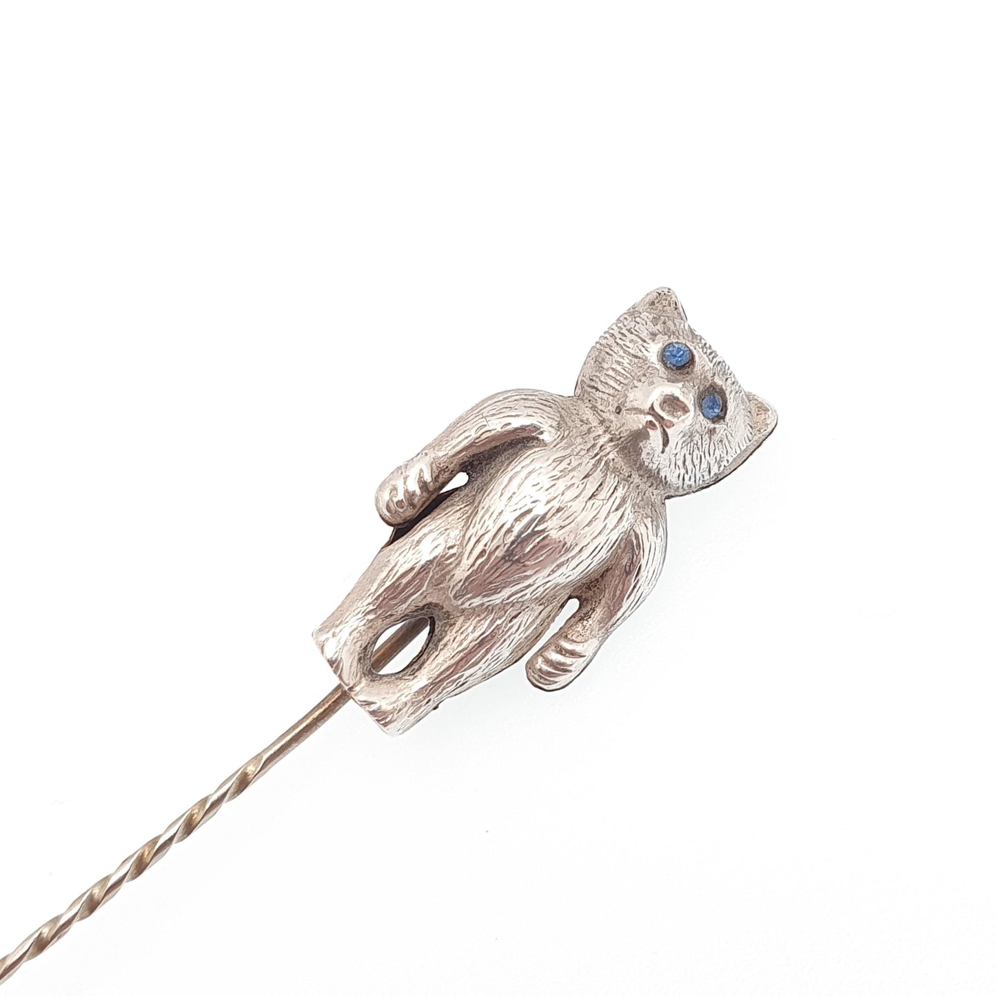 Antique Solid Silver Teddy Bear Stick Pin Sapphire Paste Eyes Cute Cuddly Toy Lapel Jacket Large Big Rare Vintage Womens Jewelry Jewellery