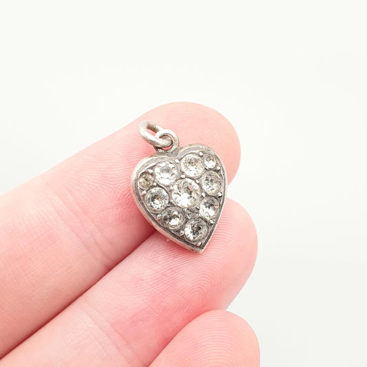 Antique Solid Silver Paste Heart Pendant Necklace Victorian Charm Puffy Puffer Small Cute Diamond Pastes Vintage Womens Jewellery Jewelry