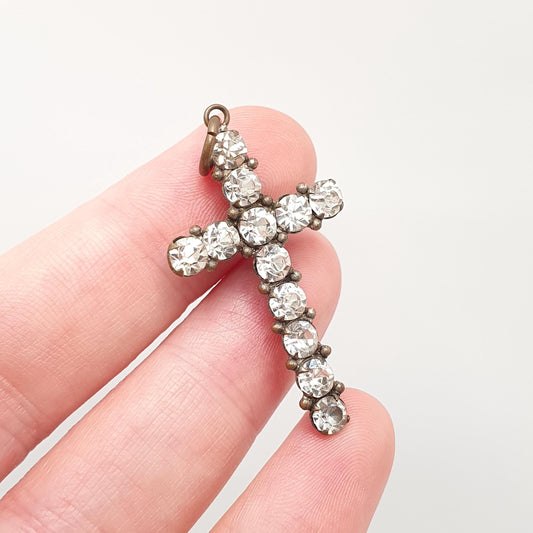 Antique Diamond Paste Cross Crucifix Necklace Pendant Victorian Sparkly White Bright Sparkle Vintage Christian Catholic Jewellery Jewelry