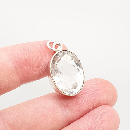 Vintage Rock Crystal Solid Silver Pendant White Quartz Rose Cut Oval Necklace Genuine Real Large Faceted Gemstone Clear Jewelry Jewellery
