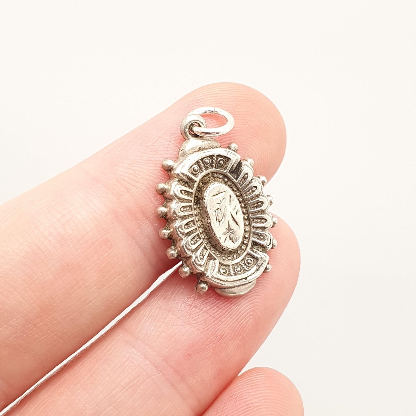 Antique Victorian Solid Silver Pendant Charm Necklace Etruscan Beaded Engraved Sweetheart Genuine 1800s Womens Jewelry Vintage Jewellery