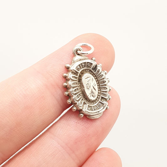 Antique Victorian Solid Silver Pendant Charm Necklace Etruscan Beaded Engraved Sweetheart Genuine 1800s Womens Jewelry Vintage Jewellery