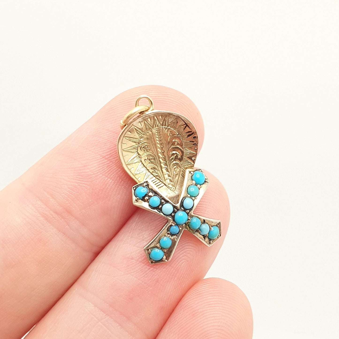 Antique 9ct Gold Turquoise Windmill Pendant Victorian Necklace Charm Solid 9k 375 Natural Gemstone Gift Vintage Womens Jewellery Jewelry