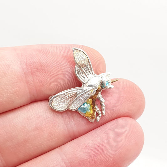 Antique Enamel Bee Brooch Pin Insect Silver Plate Champleve Songbird Swallow Vintage Cute Gift Fly Honeybee Ladies Womens Jewellery Jewelry