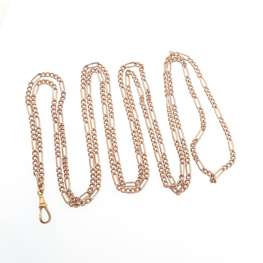 Antique Victorian Rolled Rose Gold Muff Chain Necklace Figaro Curb Link Dog Clip 134cm 25.93g Long 1800s Guard Vintage Jewelry Jewellery