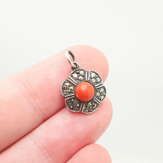 Antique Natural Coral Necklace Solid Silver Pendant Art Deco Flower Marcasite 935 Womens Vintage Bead Red Patterned Rear Jewellery Jewelry