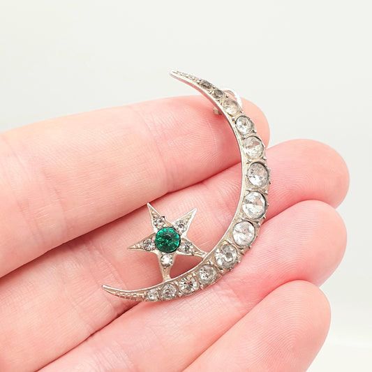 Antique Solid Silver Diamond Paste Star Moon Pendant Necklace Emerald Paste Crescent Victorian 1800s Night Womens Jewelry Jewellery Vintage