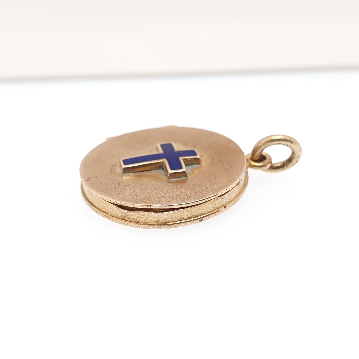 Antique Gold Gilt Enamel Locket Crucifix Cross Royal Blue Jesus Necklace Pendant Photo Picture Vintage Christian Womens Jewelry Jewellery