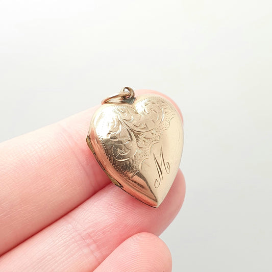 Antique 9ct Gold Heart Locket "M" Initial Hand Engraved Solid 9k 375 Pendant Fine Estate Love Back & Front Cute Necklace Jewelry Jewellery
