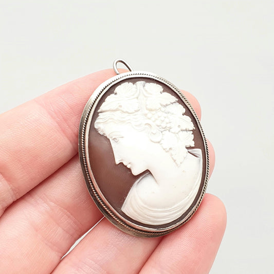 Antique Solid Silver Large Cameo Pendant Brooch Pin Genuine Shell Necklace Big Chunky Oval Handmade Italian Womens Jewelry Jewellery