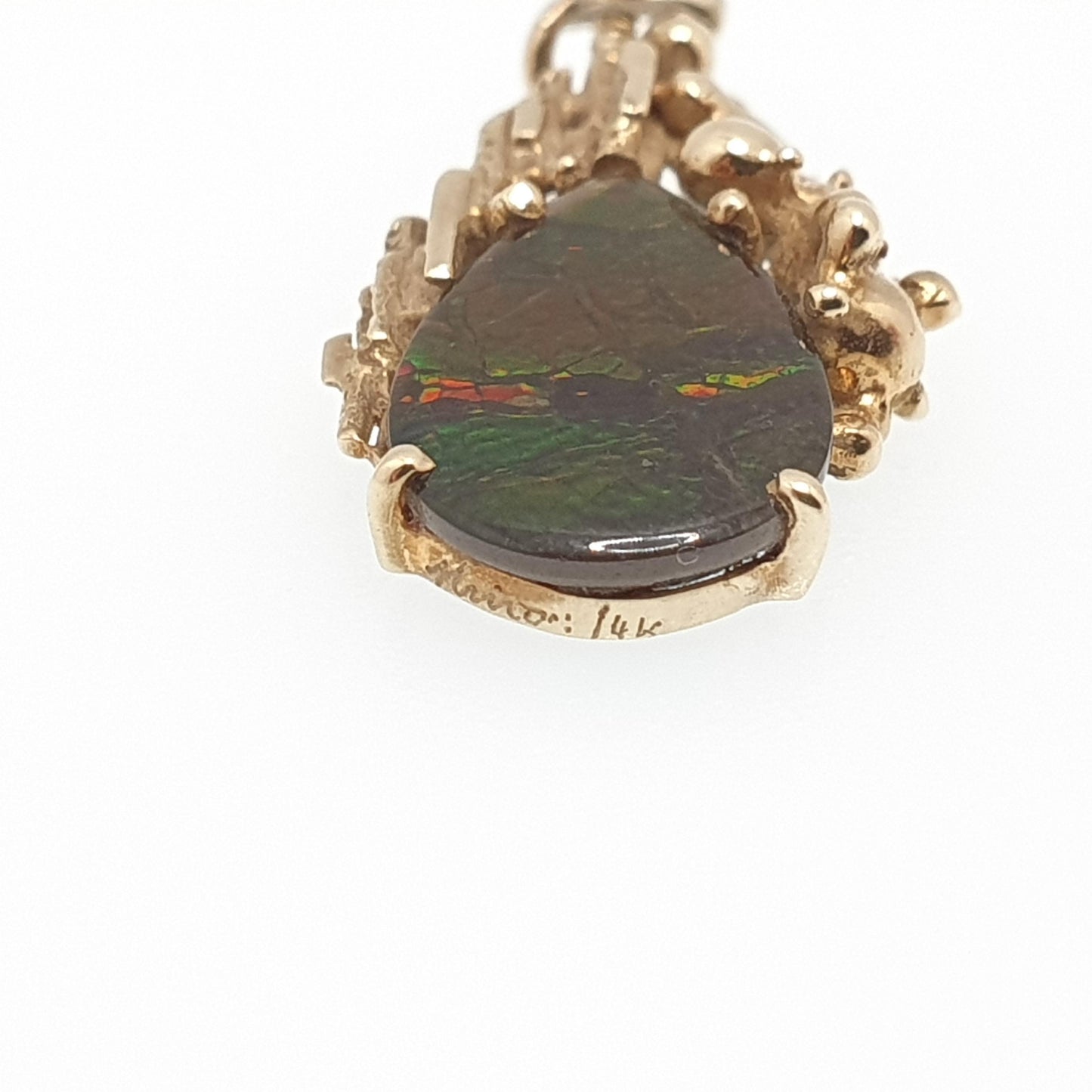 Vintage 14k Ammolite Pendant Necklace Solid 14kt 585 Ammonite Opal Like Iridescent Brutalist Sea Shell Doublet Gemstone Jewelry Jewellery