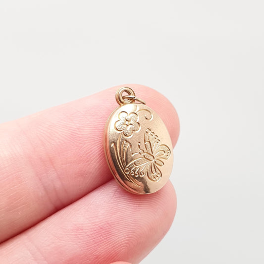 Vintage Solid 9ct 9k Gold Locket Butterfly Oval All 375 9 Carat Cute Gift Necklace Hallmark Photo Picture Pendant Jewelry Womens Jewellery