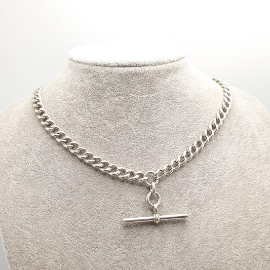 Antique Victorian Sterling Silver Albert Chain T Bar Necklace Curb Link Dog Clip 40cm 15.7" 53.41g 1916 Hallmark Vintage Jewelry Womens
