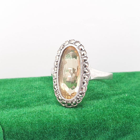 Antique Sterling Silver Citrine Ring Marcasite Halo Cluster Genuine Real Quartz Gemstone Art Deco Vintage 1920s Women Jewellery Jewelry