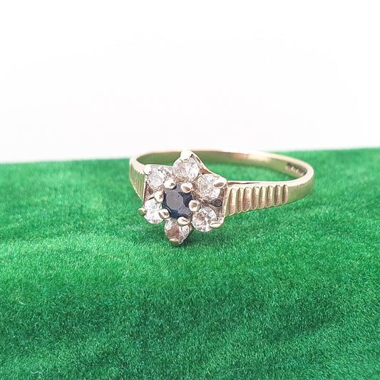 Vintage 9ct 9k Gold Sapphire Halo Ring CZ Cluster Dark Blue Brilliant Cut Sparkly Gemstone Solid Yellow 375 Womens Jewelry Jewellery