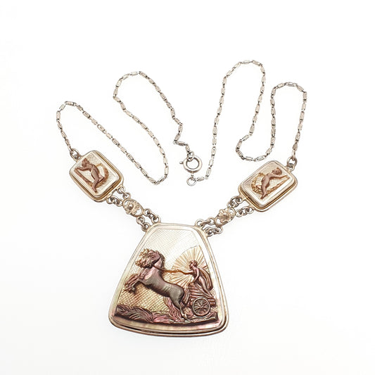 Antique Solid Silver Cameo Necklace Chariot Horse Cherub Abalone Shell Hand Carved Square 800 Art Deco Rare Womens Italy Jewelry Jewellery