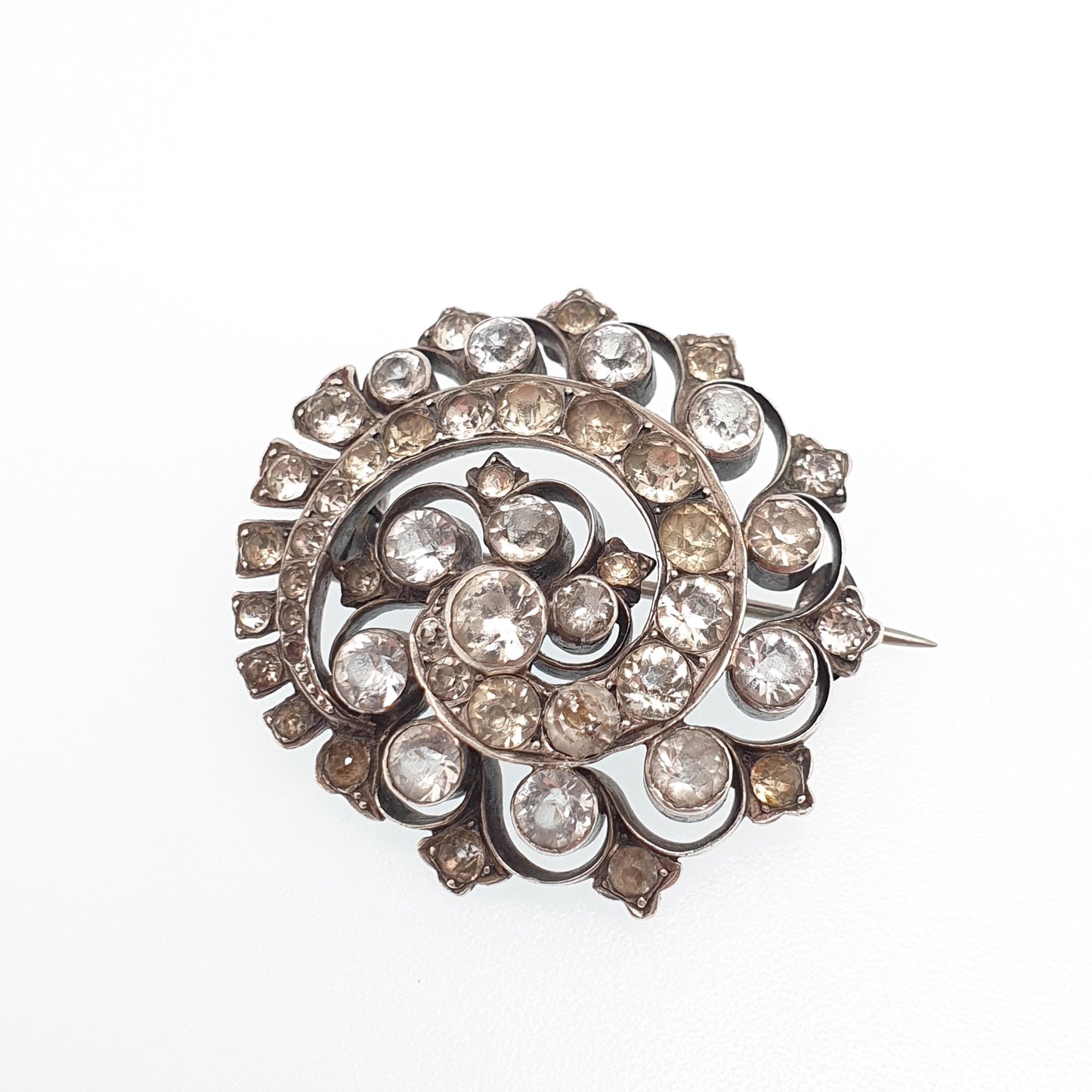 Antique Victorian Solid Silver Diamond Paste Brooch Spiral Swirl Cluster Foiled Diamond Pastes Parisian Company Vintage Womens Jewelry