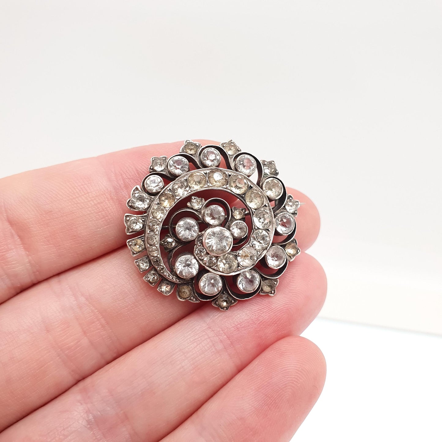 Antique Victorian Solid Silver Diamond Paste Brooch Spiral Swirl Cluster Foiled Diamond Pastes Parisian Company Vintage Womens Jewelry