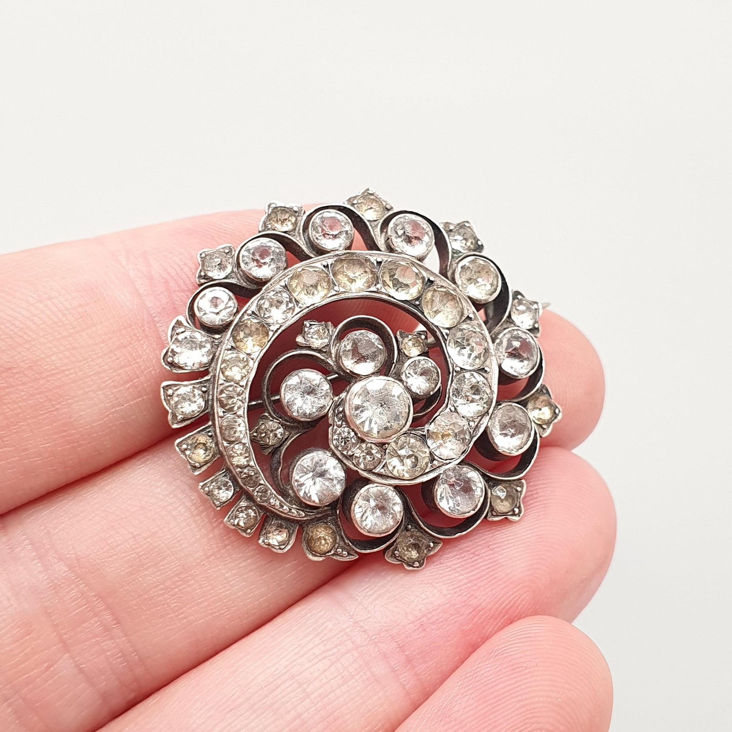 Antique Victorian Solid Silver Diamond Paste Brooch Spiral Swirl Cluster Foiled Diamond Pastes Parisian Company Vintage Womens Jewelry