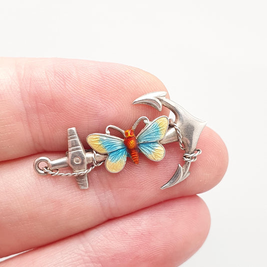 Antique Sterling Silver Butterfly Anchor Brooch Pin Rope and Anchors Enamel 1903 Hallmarked Insect Ship Sailing Jewellery Womens Jewelry