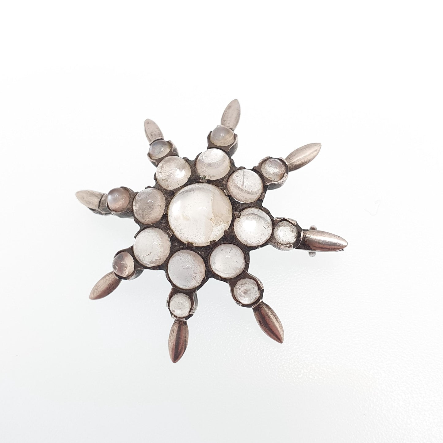 Antique Moonstone Star Brooch Solid Silver Victorian Starburst Cluster Celestial Starry Vintage Blue Adularescence Womens Jewelry Jewellery