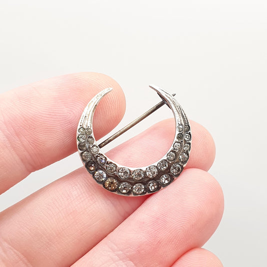 Antique Victorian Solid Silver Crescent Moon Diamond Paste Brooch Pin Cute Vintage 1800s Gift Unique Celestial Womens Jewelry Jewellery