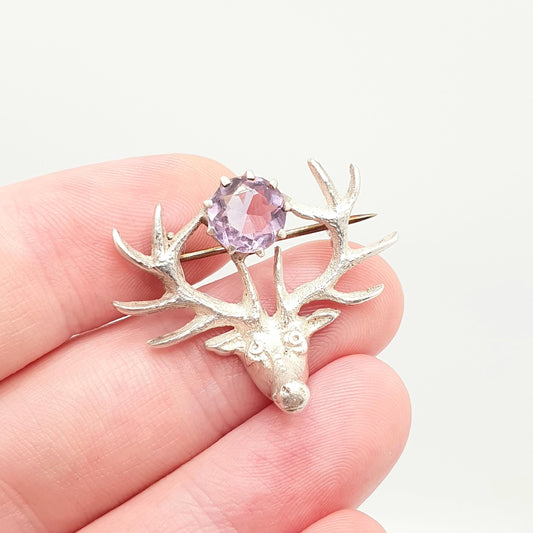 Antique Solid Silver Amethyst Stag Brooch Genuine Amethyst Scottish Deer Antler Hunting Hunt Mens Womens Vintage Jewelry Jewellery