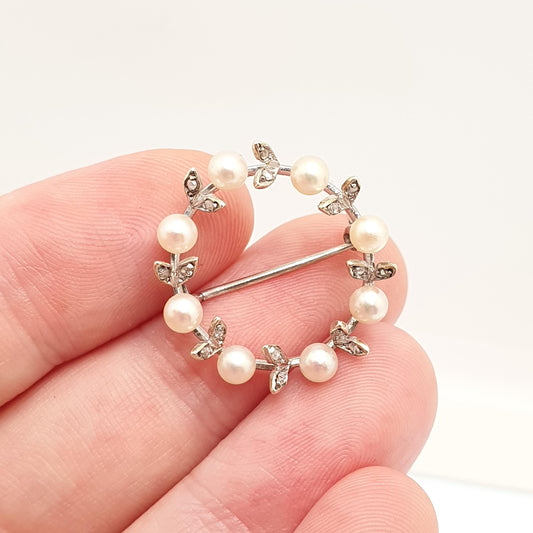 Antique 18k 18ct Gold Pearl & Diamond Brooch Pin Art Deco White Gold Solid 750 Cultured Pearls Genuine Jewelry Womens Jewellery Vintage