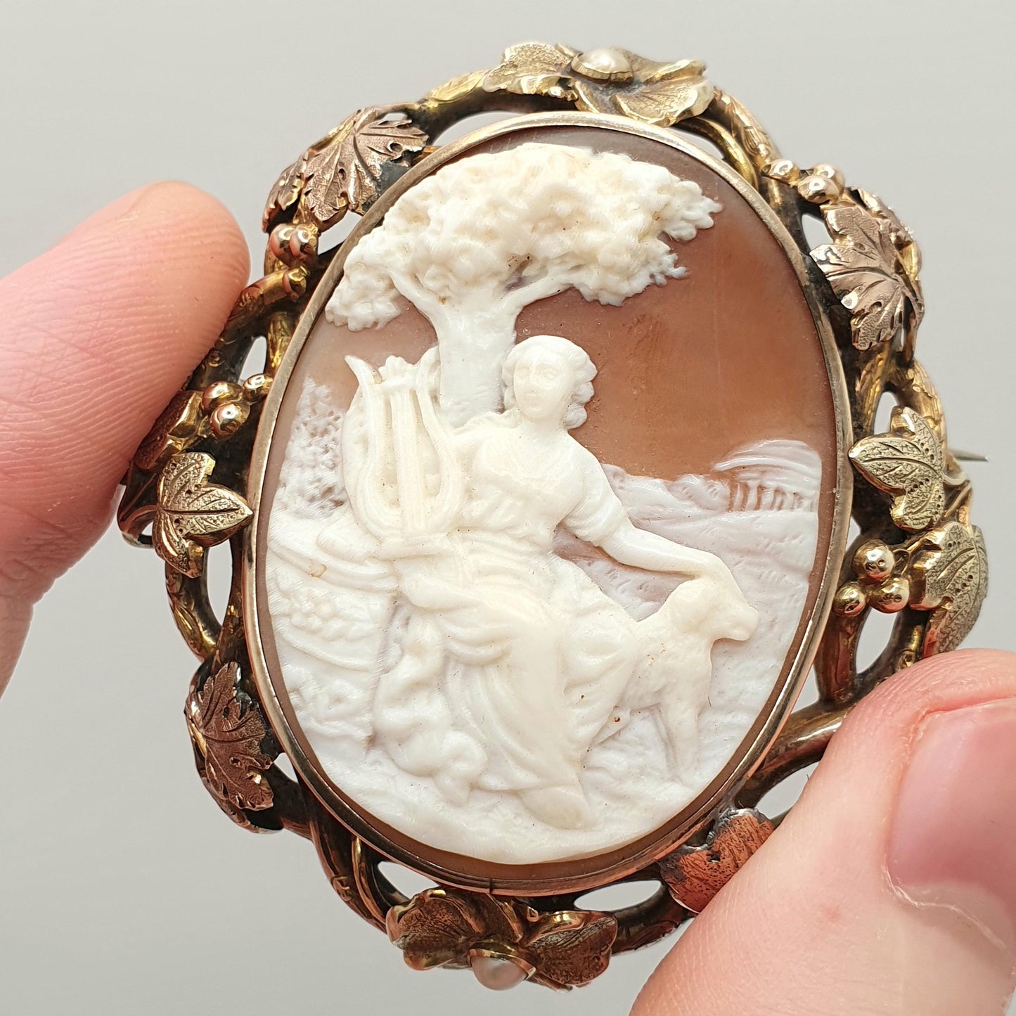 Antique Victorian 9ct Gold Cameo Brooch Lady Lyre Tree Dog Solid 9k 375 Grapevine Border Seed Pearl High Relief Carved Shell Vintage Jewelry