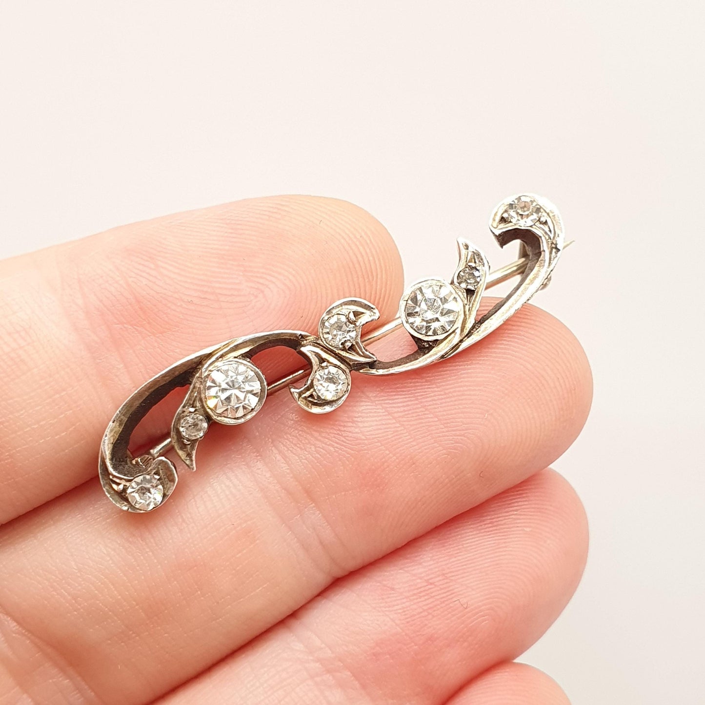 Antique Victorian Solid Silver Diamond Paste Brooch Art Nouveau Pin Scroll Old Cut Solid Backed 1800s Sparkly Vintage Jewellery Jewelry